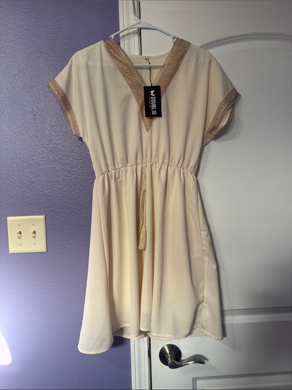 Doublju Cream V-Neck Short Sleeve Dress with Metallic Trim